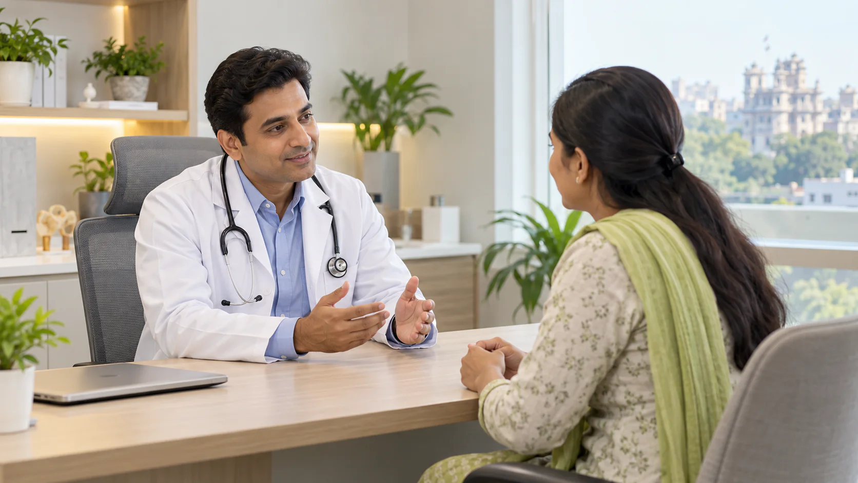 Doctor consulting with a patient at a modern Indore clinic