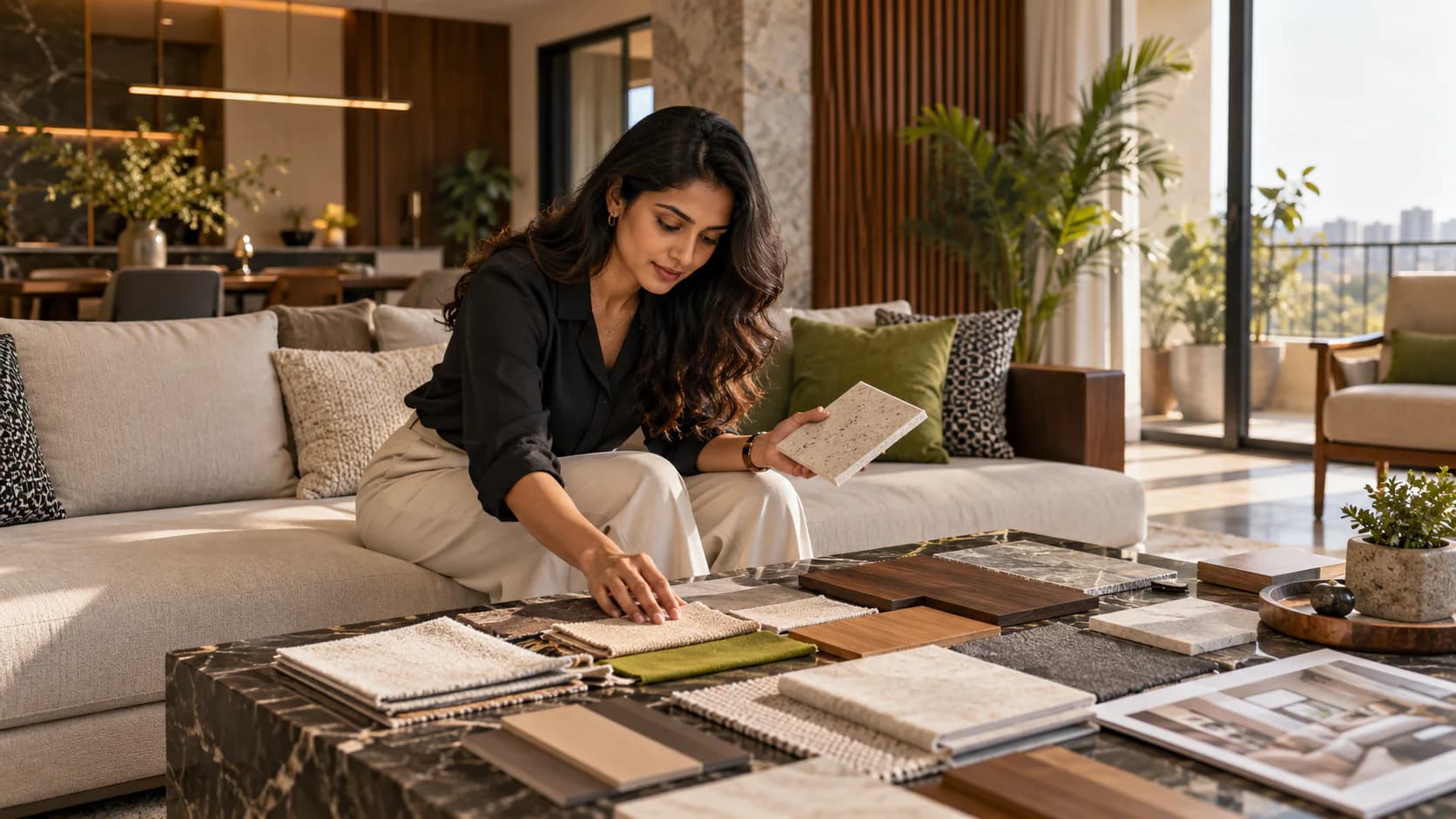 Interior designer selecting materials for an Indore home