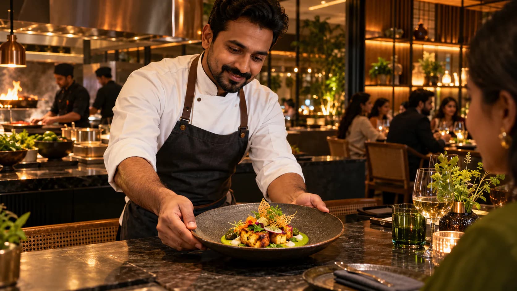 Chef presenting a dish at a contemporary Indore restaurant