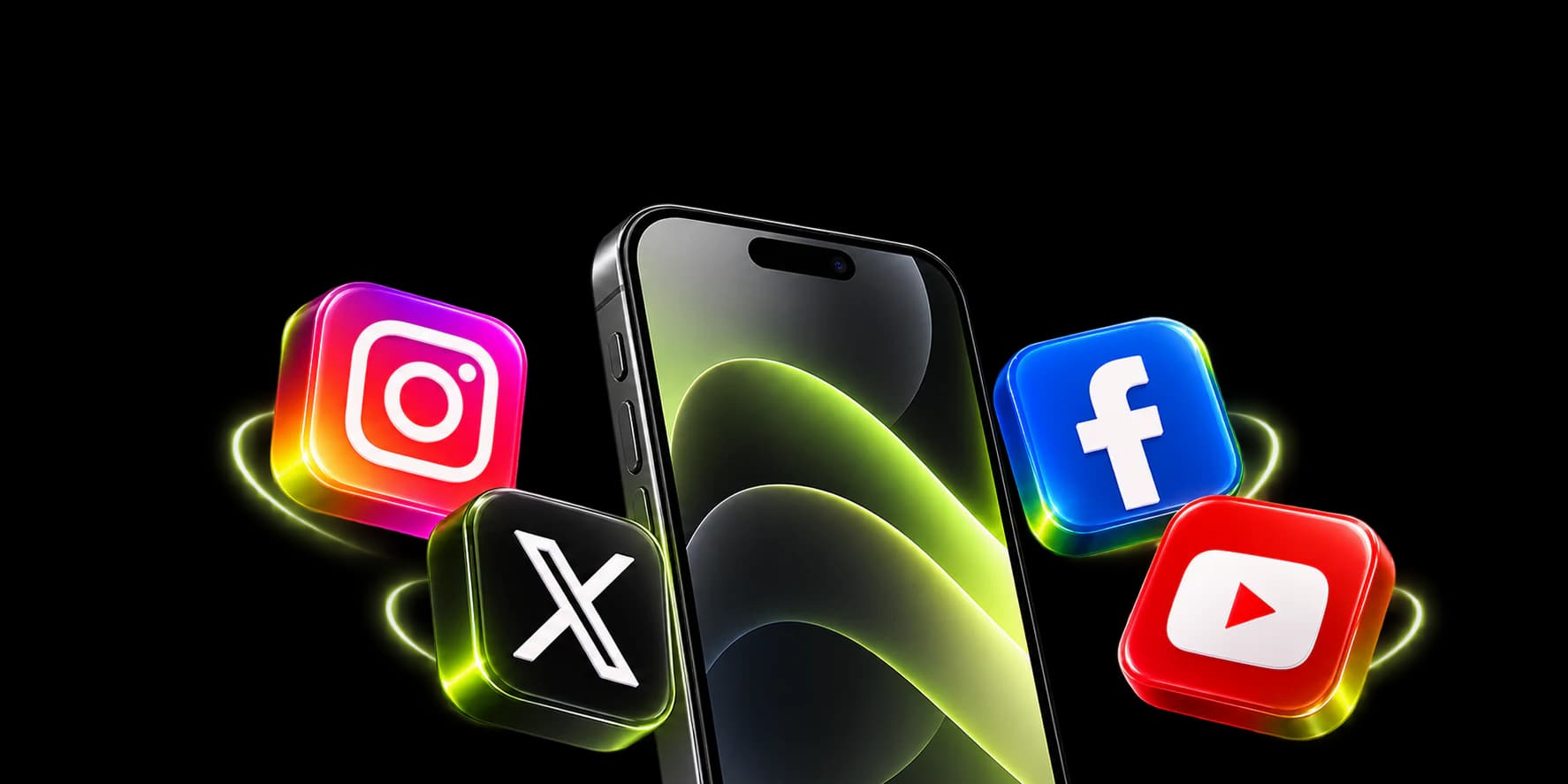 Instagram, Facebook, YouTube, and X around a smartphone